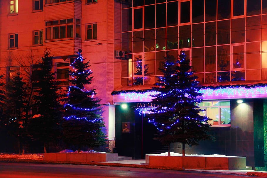 navidad, christmastree, nuevo, noche, pino, rojo, ciudad, invierno, año, al aire libre