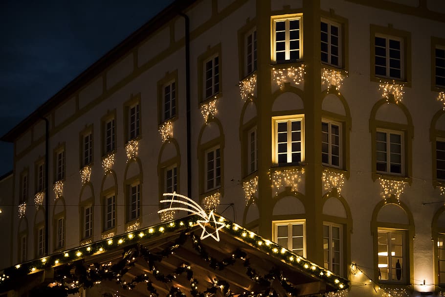 christmas market, house, star, christmas, lighting, advent, christmas decorations, lights, city, rosenheim