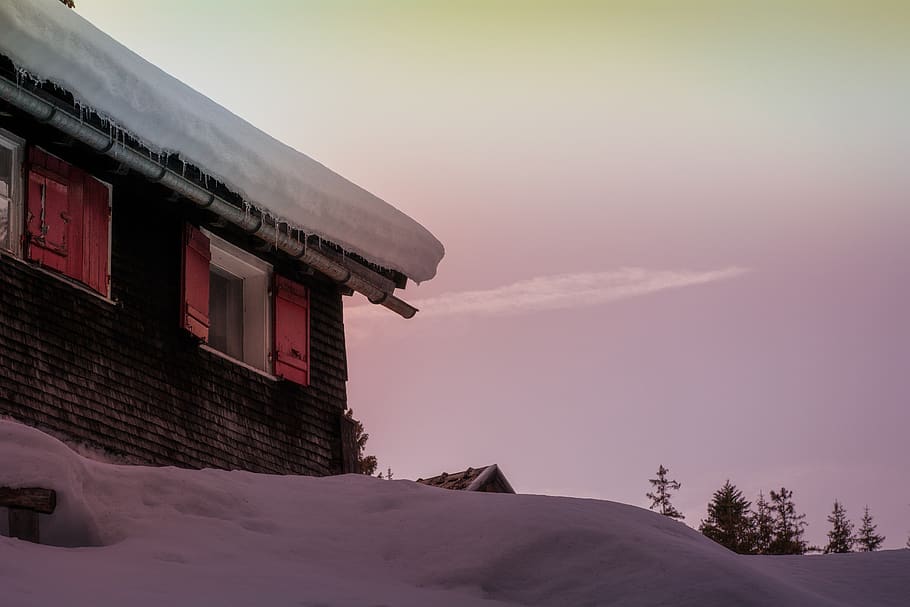 cabana, woodhouse, velho, inverno, neve, manhã, natureza, áustria, temperatura fria, céu