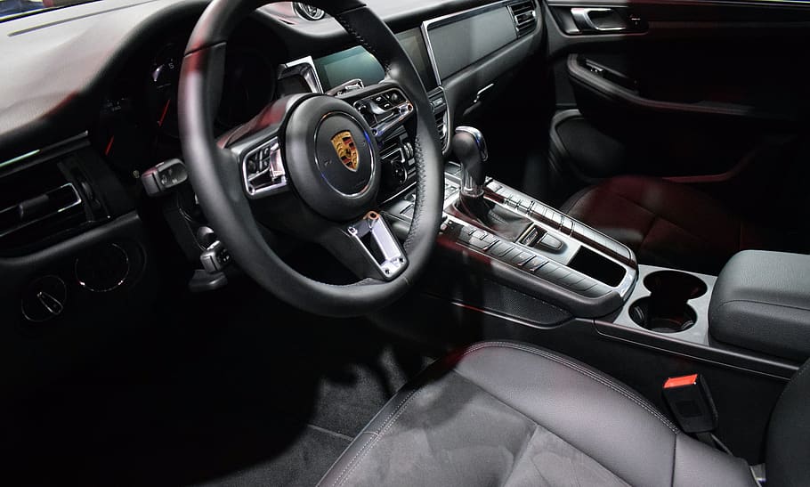 car, vehicle, leather, banks, steering wheel, panel, interior, design, gray, black