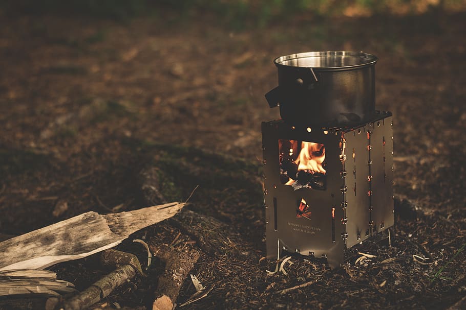camping cooker, kocher, burner, cook, fire, flame, hot, outdoor cooking, path finder, pot