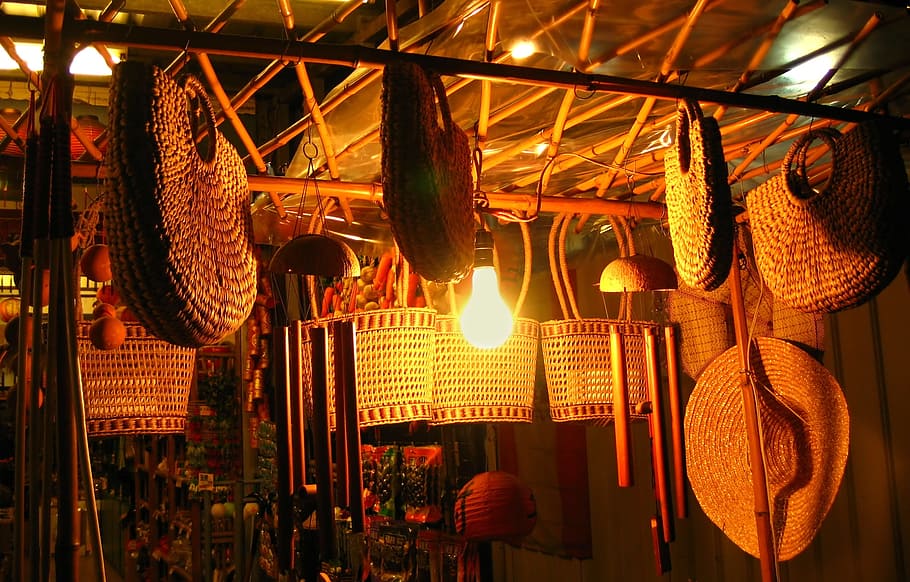 -, mercado chino, tiempo de la tarde, noche, oscuro, claro, lámpara, bombilla, brillo, brillante