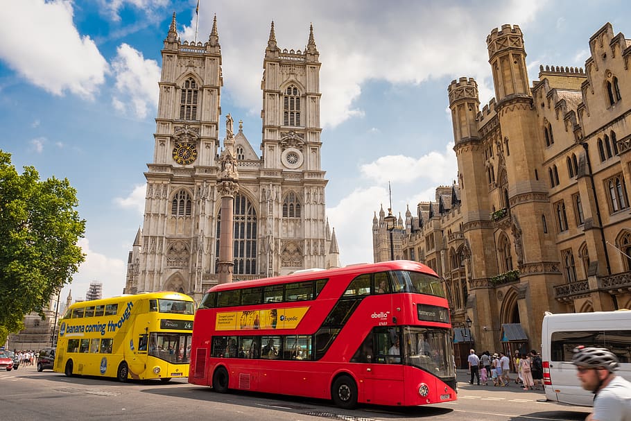 london, bus, yellow, red, westminster, abbey, church, england, traffic, road
