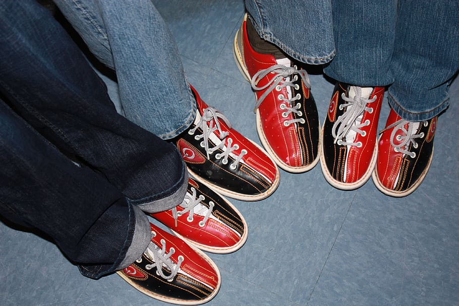 bowling shoes, red, black, friends, low section, shoe, human body part, human leg, jeans, men