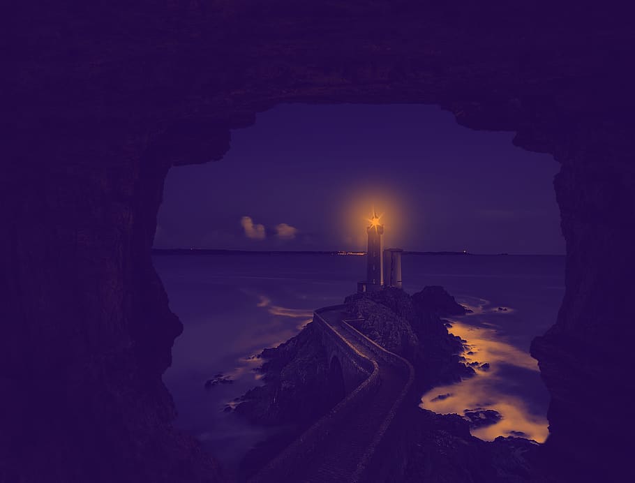 twilight, night, sea, lighthouse, the grotto, landscape, reference point, in the evening, tower, water
