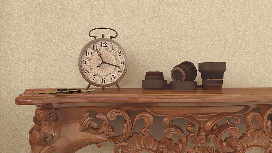 relógio, sessão, tempo, lentes, objeto, quarto, prateleira, mesa, de madeira, ambiente interno
