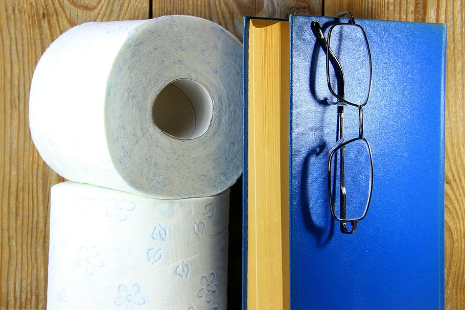 papel higiênico, rolo, madeira, parede, vaso sanitário, livro, azul, óculos, higiene, sessão