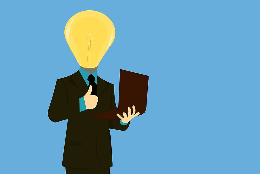 illustration, man, full, ideas, laptop, bulb, idea, character, great, business