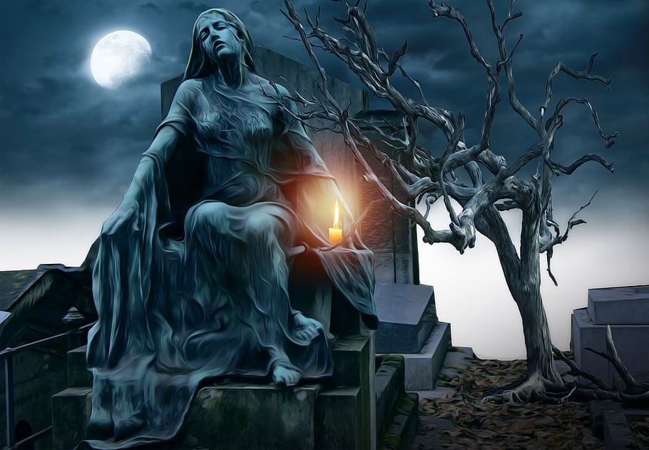 gothic, goth, fantasy, dark, cemetary, statue, tree, dead tree, candle, moon