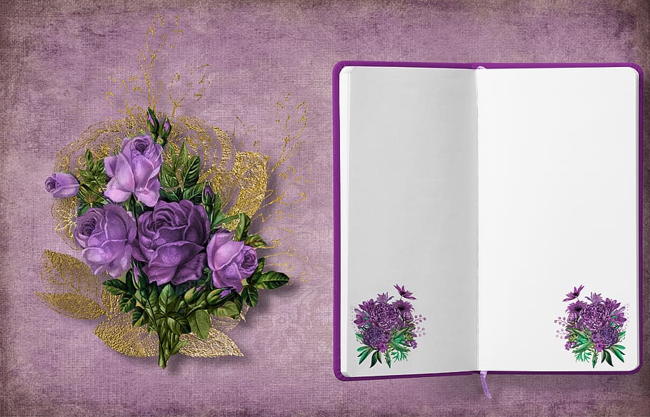 diario, ramo, rosas, marco, flores, fondo, púrpura, oro, nota, escribir