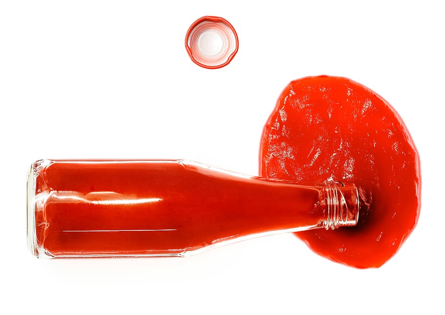 ketchup, spilled, tomato, bottle, background, food, sauce, isolated, natural, white