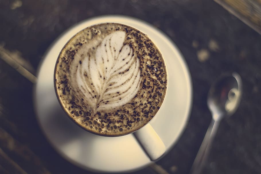 coffee, cafe, hot, mug, cup, white, art, design, plate, spoon