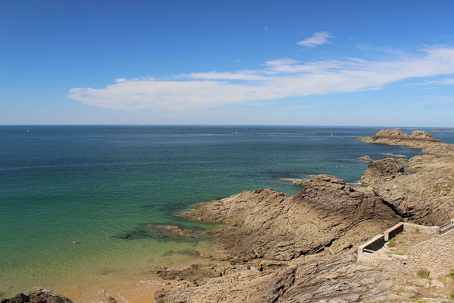 side, france, brittany, horizon, sea, beach, blue sky, nature, roche, water