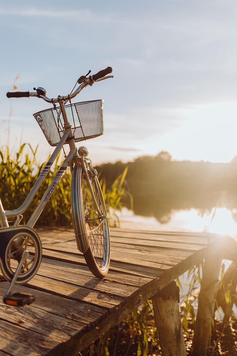 bicicleta, cesta, cais, brilhante, luz do sol, noite, férias, ao ar livre, pôr do sol, viagem