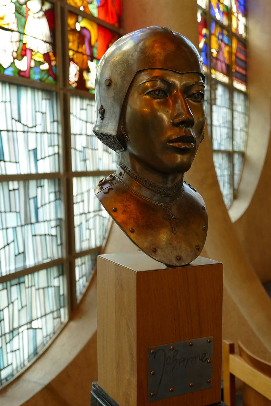 jeanne d'arc, cabeça, bronze, imagem, escultura, igreja, rouen, frança, santo, herói
