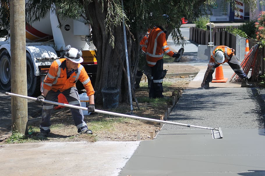 concrete, construction, concreting, building, gray, footpath, path, sidewalk, workers, surface