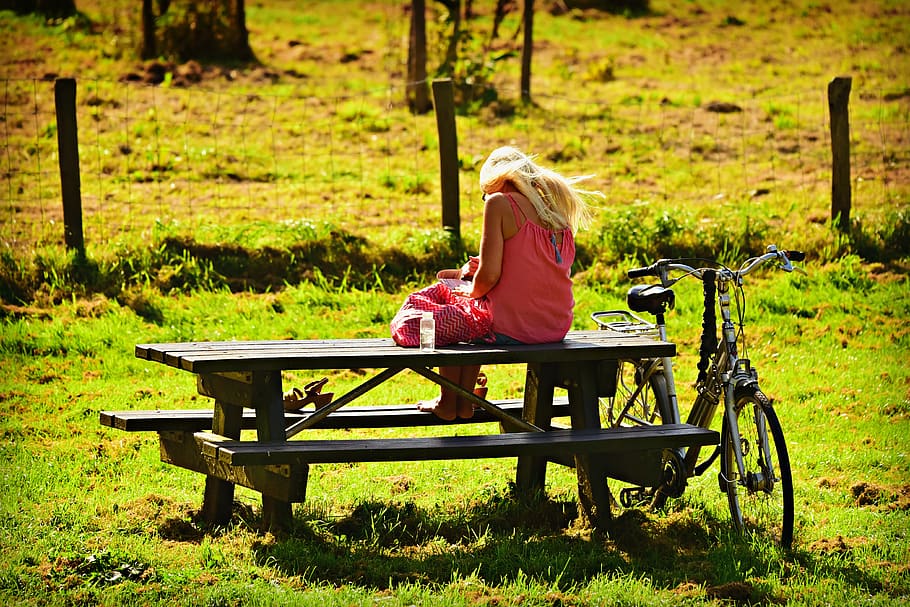 woman, person, sitting, reading, concentration, blonde hair, picnic place, table, bicycle, field