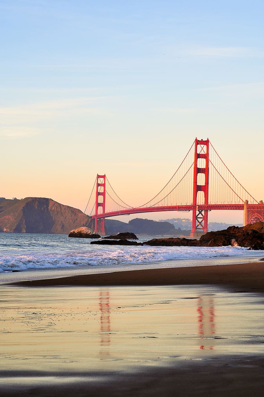 золотой, мост у ворот, Сан-Франциско, мост, берег, вечер, холмы, путешествие, местоположение, горы