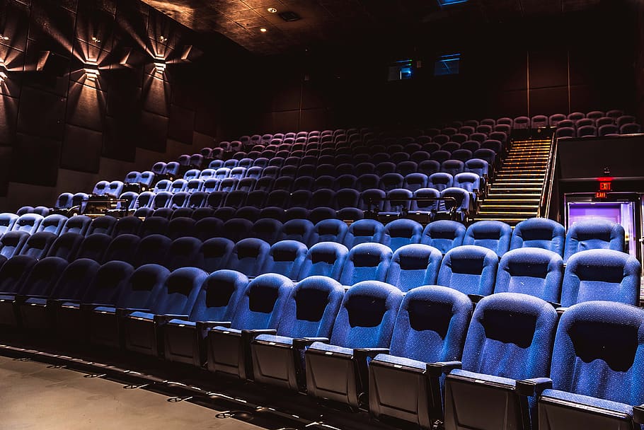 kursi, dalam ruangan, teater, kosong, di dalam, kamar, bioskop, film, tidak ada, biru