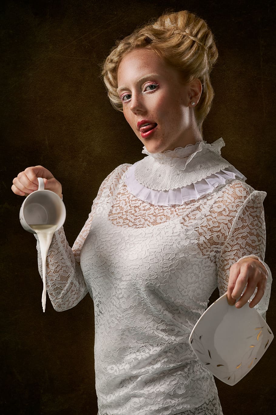woman, cup, milk, portrait, mug, hands, beverage, saucer, plate, blonde