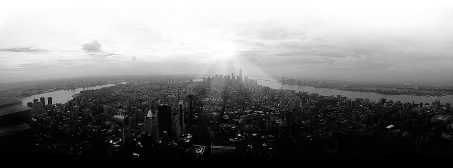 en blanco y negro, cielo, vista, horizonte, nueva york, ciudad, edificios, rascacielos, torres, tejados