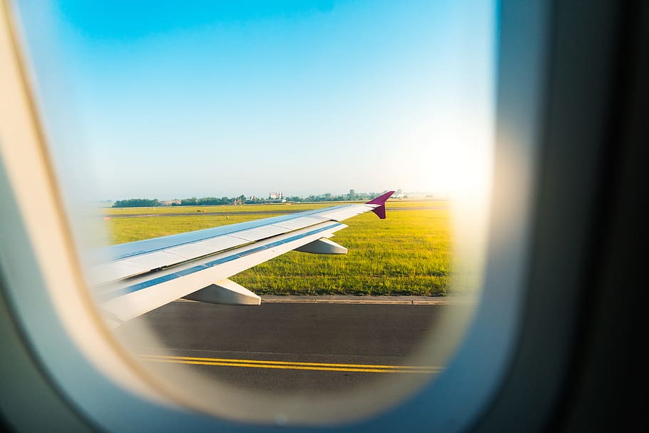 airplane wing, window, take, aircraft, airplanes, airport, bright, clean, cloudless, flight