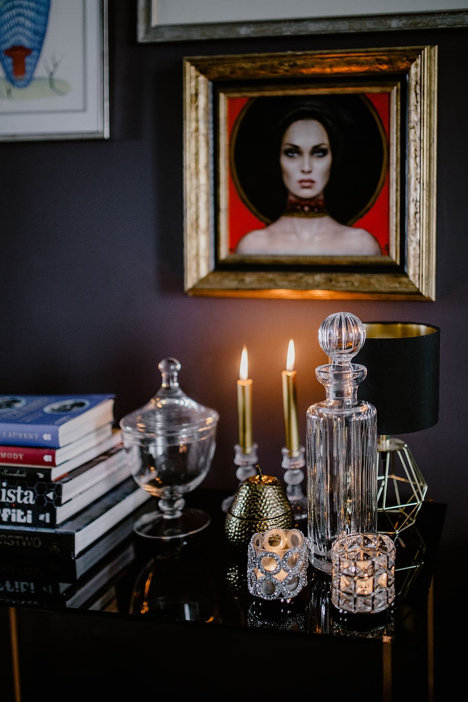 decanter, candles, painting, wall, interior, home, magazines, essentials, books, decor