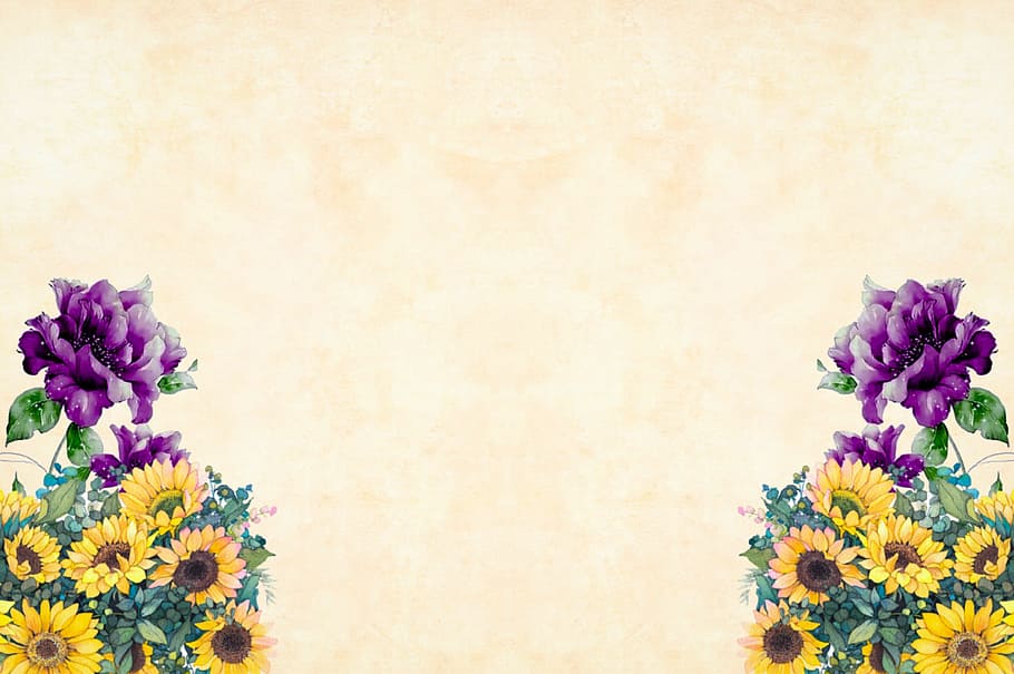 purple, yellow, flowers, corners, light background, background., flower, background, watercolor, floral