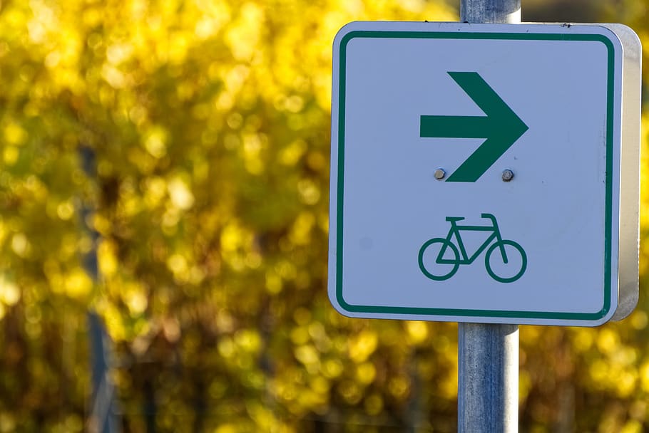 bicycle path, shield, characters, symbol, fall foliage, autumn colours, yellow, orange, cycle path, traffic sign