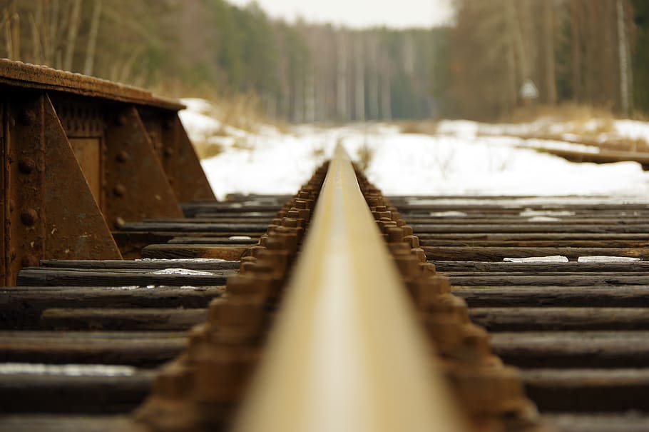 rails, screw, flyover, rust, railroad, rail transportation, railroad track, track, transportation, selective focus