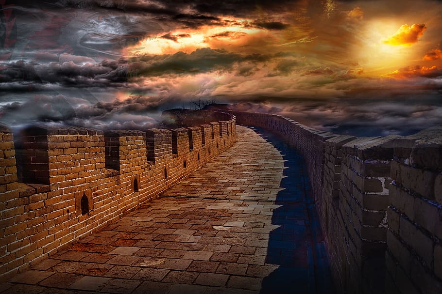 wall, china, architecture, sky, stone, dragon, cloud - sky, sunset, nature, built structure
