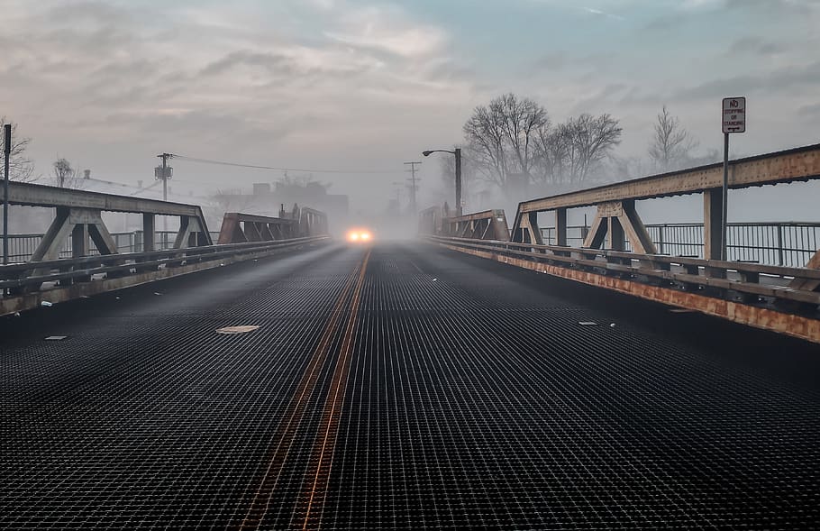 fog, bridge, car, sky, transportation, city, sunset, small bridge, car on the bridge, connection