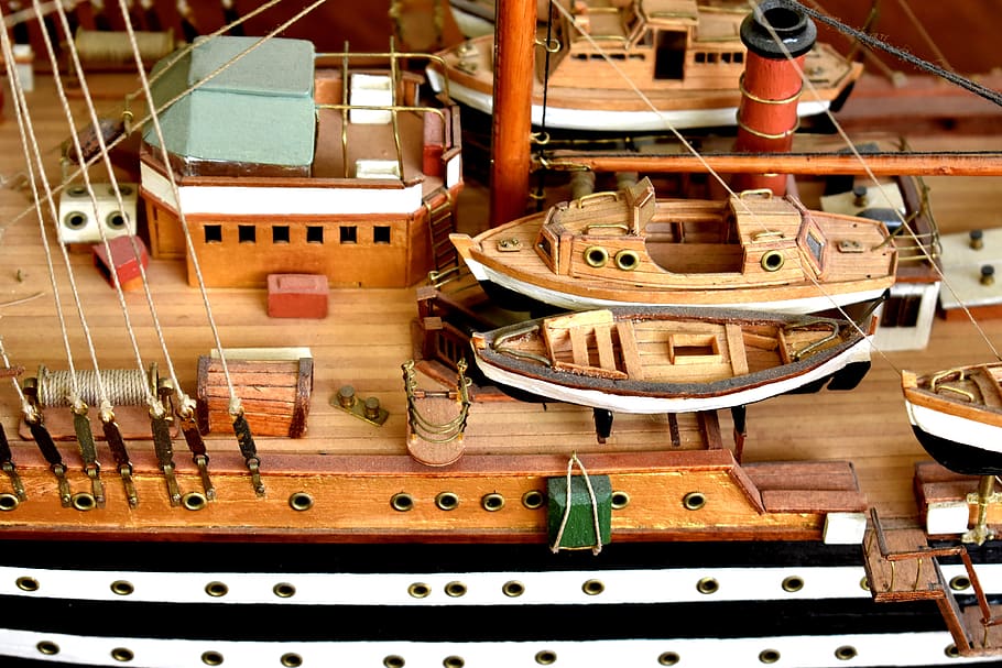 detalhe, botes salva-vidas, convés, modelo, navio, modelo de navio, amerigo vespucci, veleiro, miniatura, madeira - material