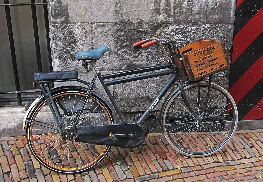 bicycle, europe, netherlands, dutch, transportation, coca cola, brick walkway, bike, retro, cycle