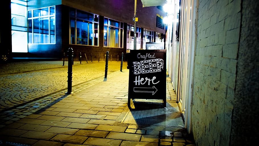 crafted beer, street, sign, chalk, chalkboard, pavement, doorway, bar, club, typography
