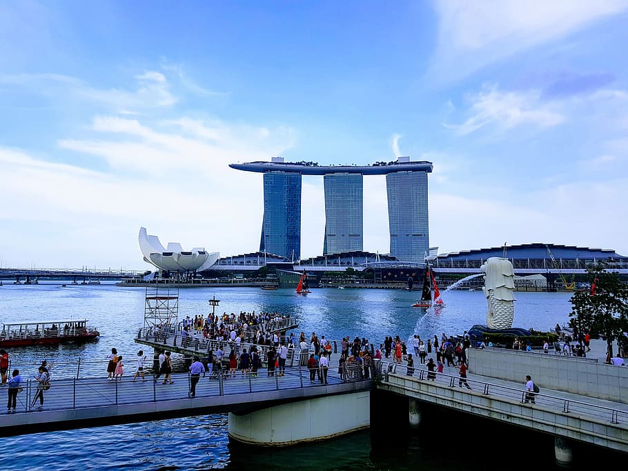 city, singapore, building, architecture, river, water, sky, crowd, built structure, group of people