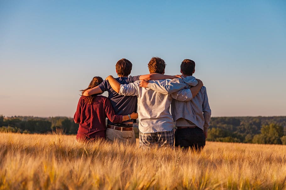 warm weather, young people, blue, yellow, view, summer, landscape, friends, group, field