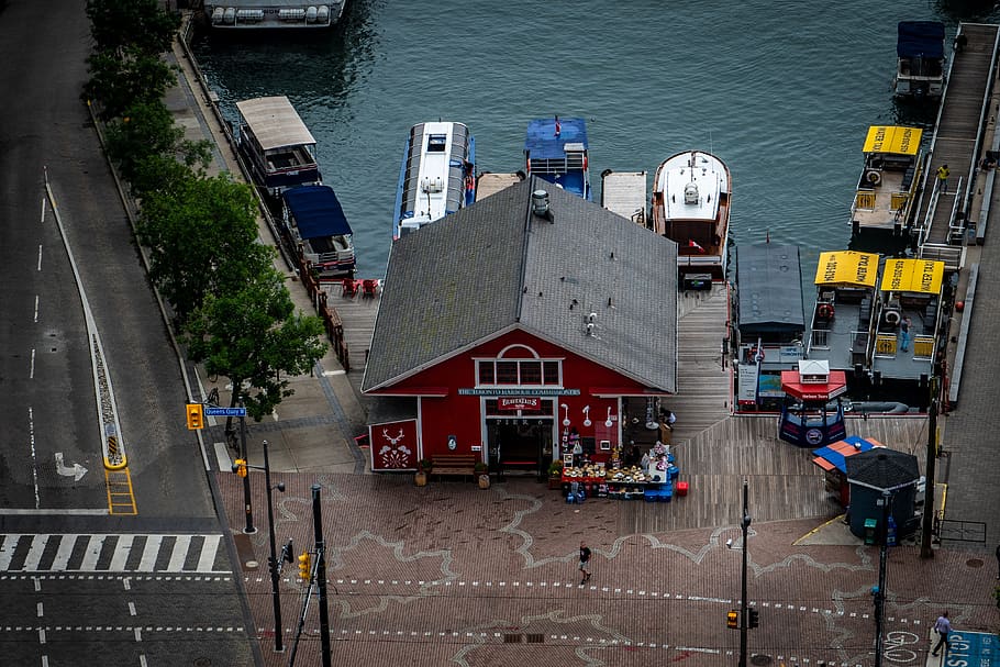 lakeside, store, hut, water, boats, toronto, canada, high angle view, transportation, architecture