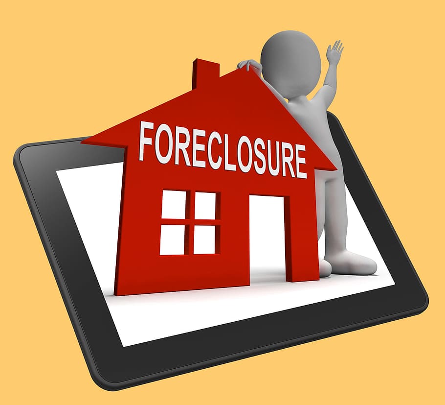 casa hipotecada tablet, mostrando, reintegração de posse, venda, credor, ativo, banco, execução bancária do banco, mutuário, encerramento