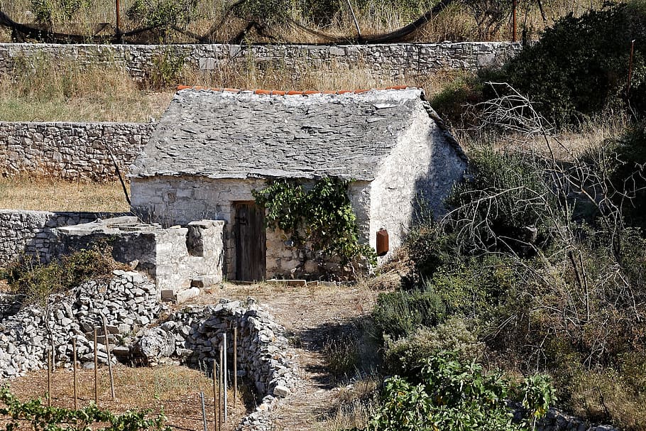 stone, shed, field, masonry, dalmatia, croatia, europe, water, architecture, built structure