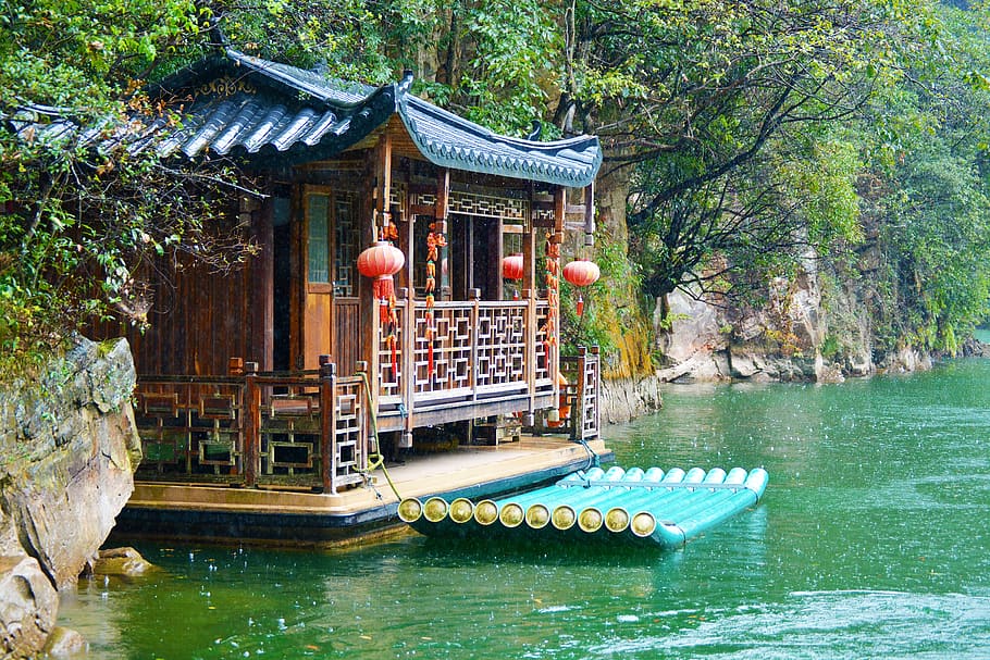 lake, baofeng, zhangjiajie, china, landscape, mountain, water, architecture, built structure, tree