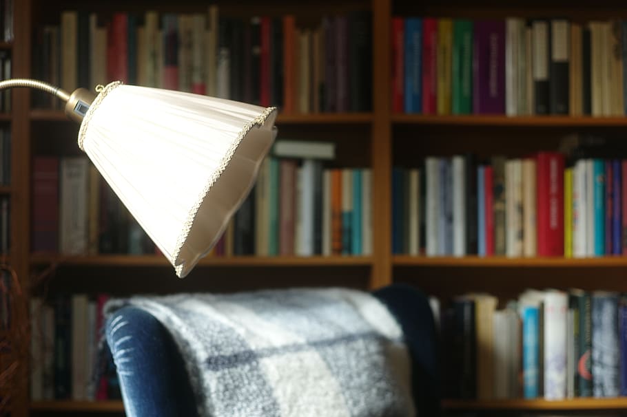 books, bookcase, armchair, länsstol, reading area, reading light, blanket, lampshade, publication, book