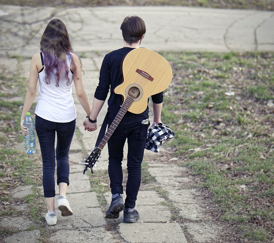 couple, boy, girl, romance, together, romantic, guitar, walk, park, friends