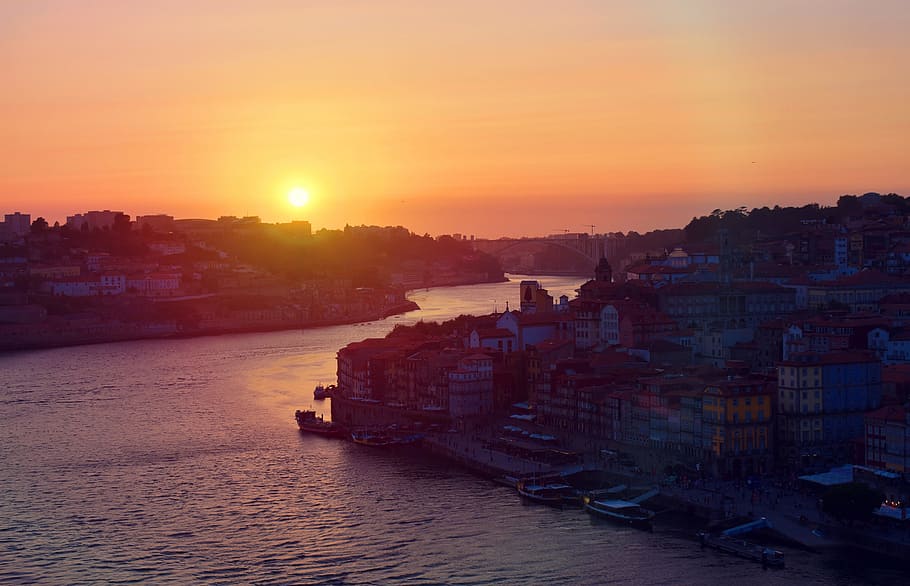 pôr do sol, -, porto, velho, cidade, norte, portugal, paisagem urbana, europa, europeu