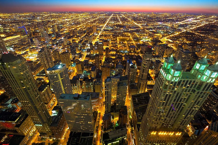 skyline, night, city, chicago skyline, sunset, horizon, cityscape, city lights, city skyline, america