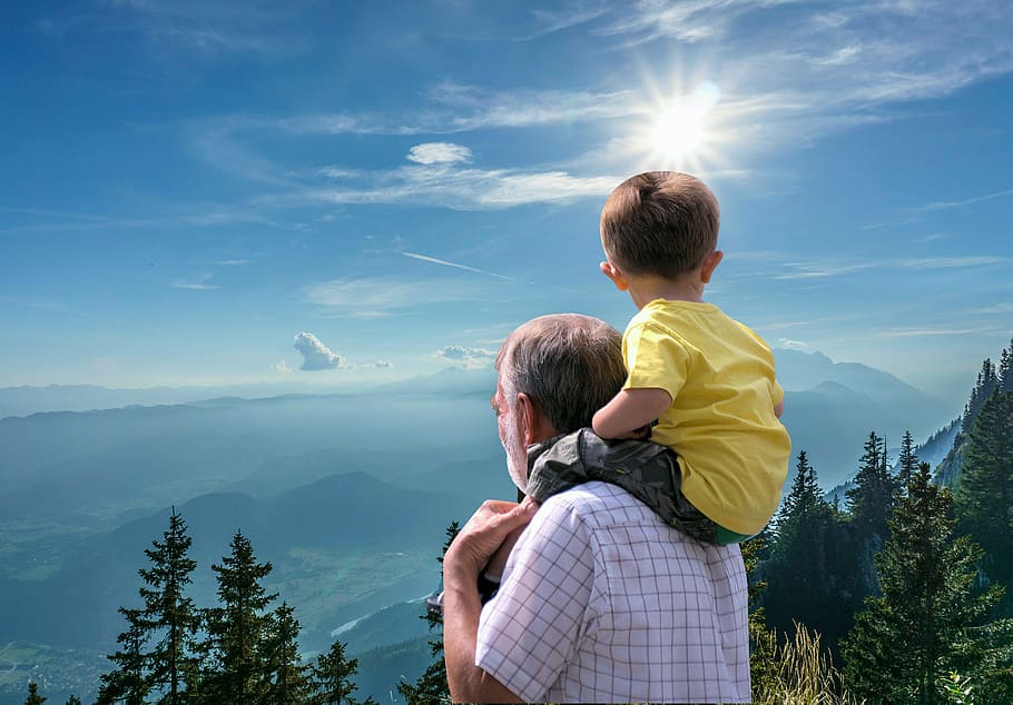 father, child, journey, grandfather, happy, together, sitting, childhood, adventure, mountain