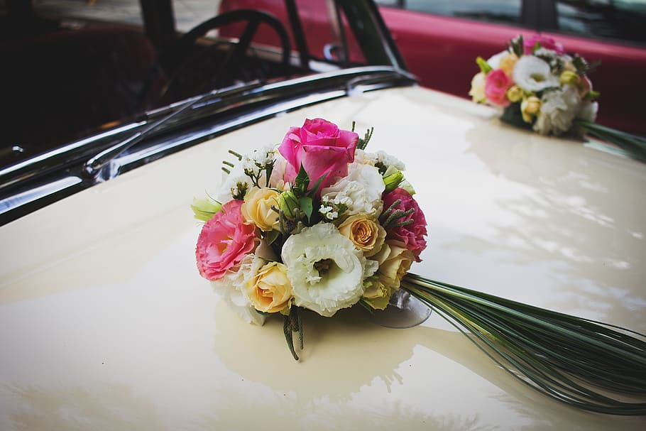 bridal, car, vehicle, wedding, colorful, flower, petal, flowering plant, freshness, plant