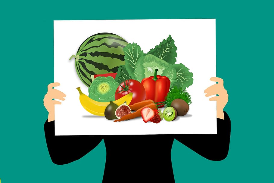 ilustrasi, orang, memegang, tanda, gambar, sehat, makanan, buah-buahan, sayuran, artichoke