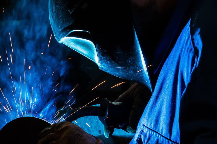 safety at work, work, weld, work clothes, industry, staff, safety glasses, radio, hand labor, blue