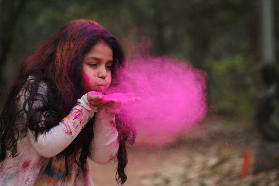 blowing, pink, powder, girl, child, holi, shoot, colors, one person, long hair